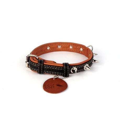 "CoLLaR SOFT" Coleira de couro exterior negro com decorações metalicas (largura 25mm, comprimento 38-49cm) 